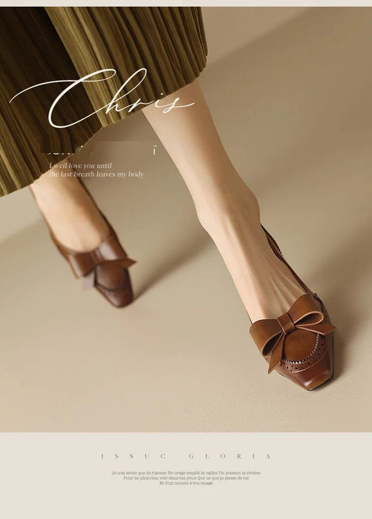 NEW Spring/Summer Women Pumps Split Leather High Heels Square Toe Thin Heel Women Shoes Butterfly-knot Lady Shoes Party Shoes