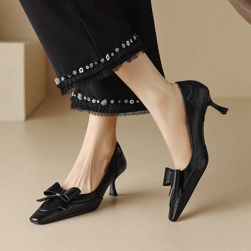 NEW Spring/Summer Women Pumps Split Leather High Heels Square Toe Thin Heel Women Shoes Butterfly-knot Lady Shoes Party Shoes