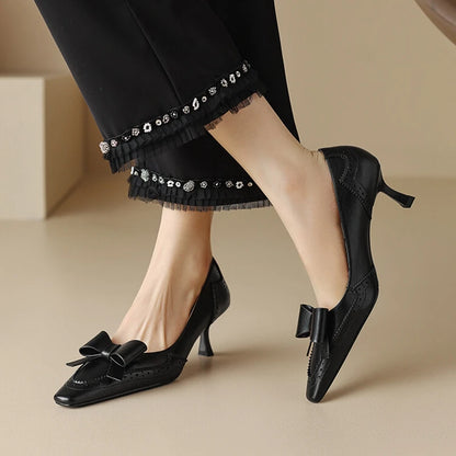 NEW Spring/Summer Women Pumps Split Leather High Heels Square Toe Thin Heel Women Shoes Butterfly-knot Lady Shoes Party Shoes