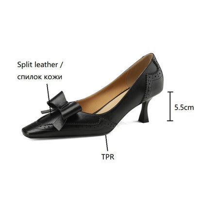 NEW Spring/Summer Women Pumps Split Leather High Heels Square Toe Thin Heel Women Shoes Butterfly-knot Lady Shoes Party Shoes