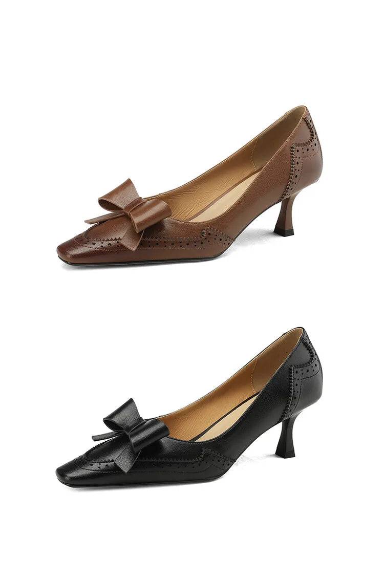 NEW Spring/Summer Women Pumps Split Leather High Heels Square Toe Thin Heel Women Shoes Butterfly-knot Lady Shoes Party Shoes