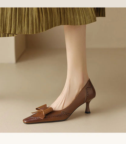 NEW Spring/Summer Women Pumps Split Leather High Heels Square Toe Thin Heel Women Shoes Butterfly-knot Lady Shoes Party Shoes