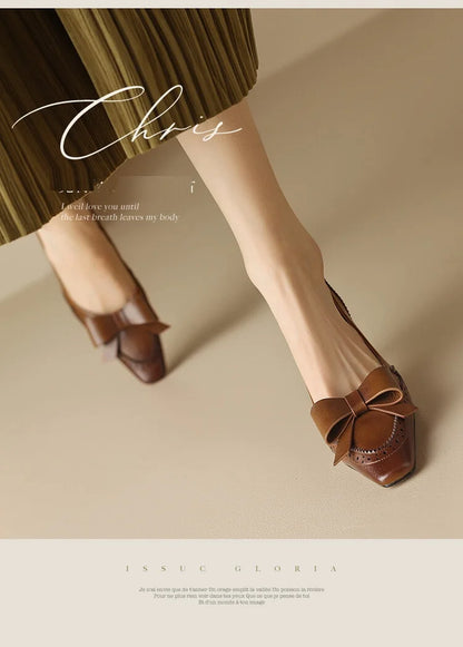 NEW Spring/Summer Women Pumps Split Leather High Heels Square Toe Thin Heel Women Shoes Butterfly-knot Lady Shoes Party Shoes