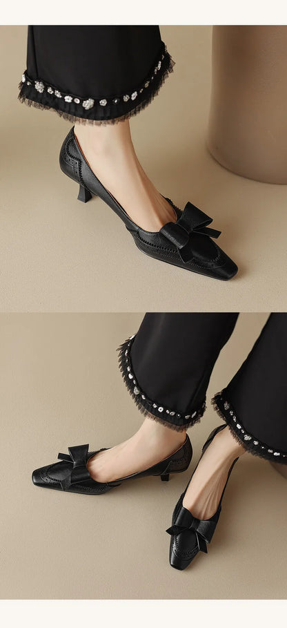 NEW Spring/Summer Women Pumps Split Leather High Heels Square Toe Thin Heel Women Shoes Butterfly-knot Lady Shoes Party Shoes